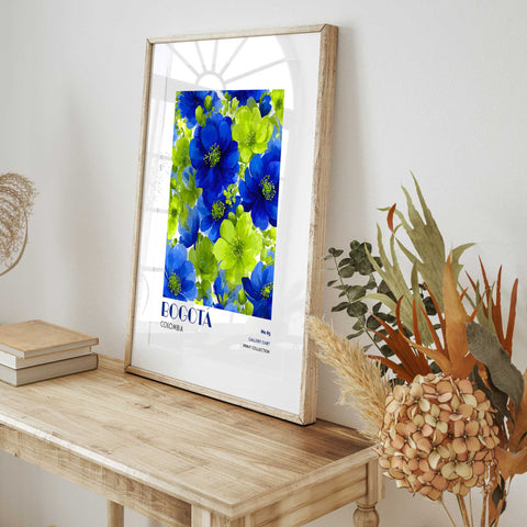 Bogotá wall decor with bright blue and lime flowers