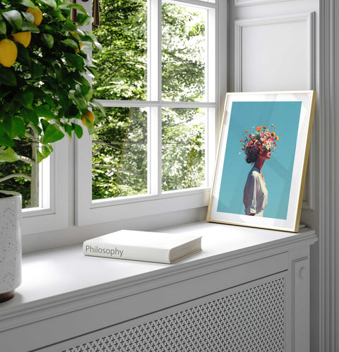 Bohemian style lifestyle poster with a dreamy woman and summer sky.