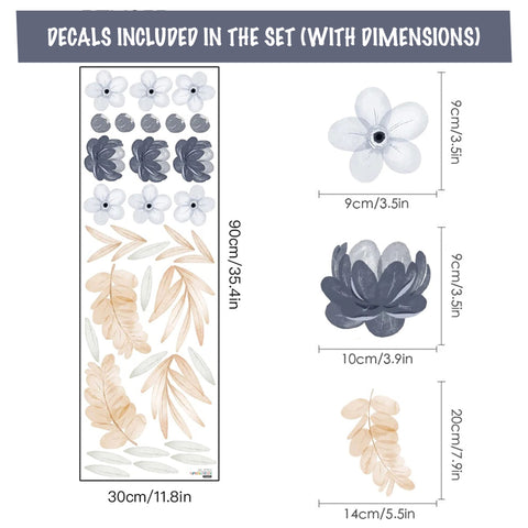 Floral decal set with dimensions on a white background