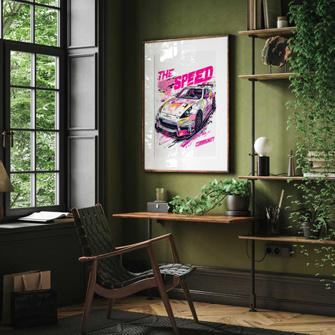 Bold JDM car illustration with halftone patterns and street tags
