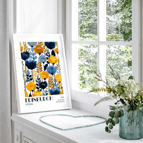 Bold blue yellow flower print wall decor art