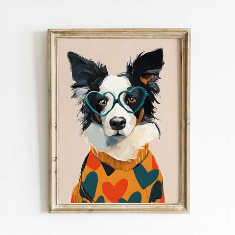 Border collie dog wearing glasses art print
