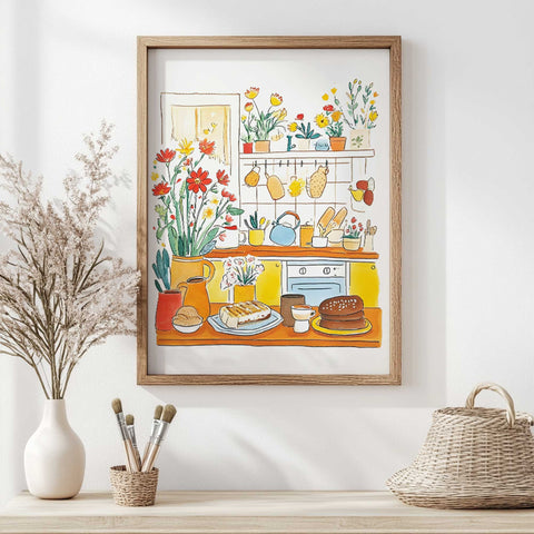 Botanical and bread-themed watercolor with warm kitchen setting


