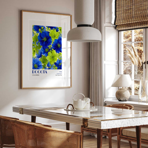 Botanical art poster in cobalt blue and green tones