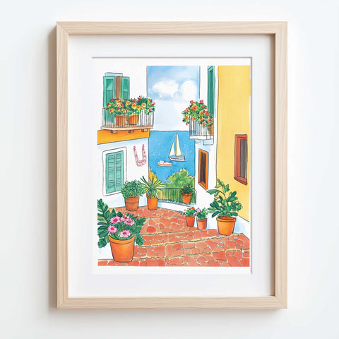 Botanical art print with coastal buildings and red brick steps

