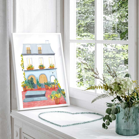 Botanical watercolor with window planters and potted plants

