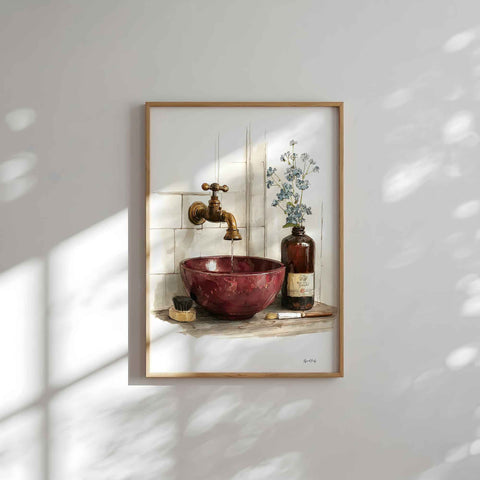 Bathroom Sink Wall Art Print - Burgundy Bowl Still Life