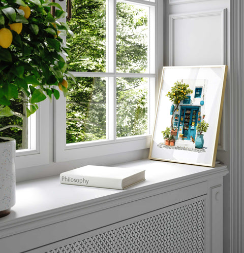 Bright blue and lemon yellow wall decor poster for home library or living room styling