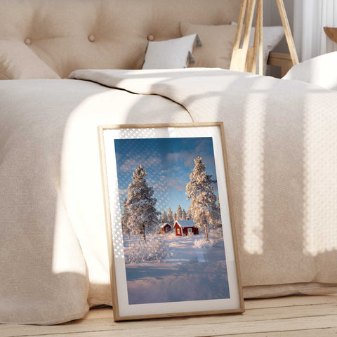 Bright blue sky and snowy pine forest nature poster for bedroom wall styling