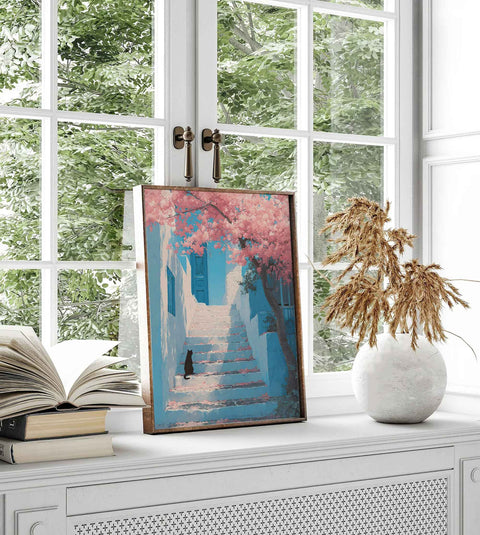Bright pink cherry blossoms climbing white walls art print