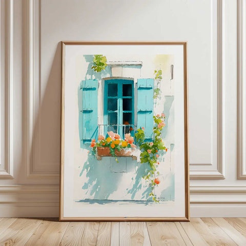Bright turquoise facade watercolor print for modern home styling
