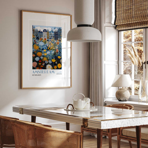 Bright wildflower cityscape artwork
