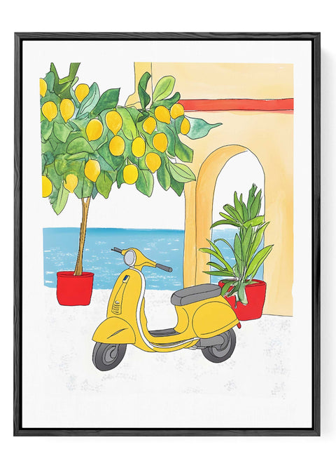 Bright yellow Vespa parked near lemon tree by coastal archway

