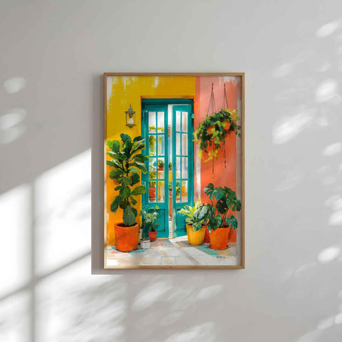 Bright yellow and coral pink wall decor poster for hallway dining room or gallery wall styling