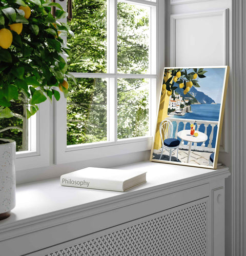 Bright yellow citrus and sapphire blue sea painting print on fine art paper