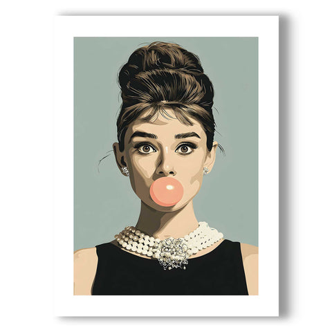 Bubblegum Audrey Hepburn teal background