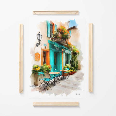Café street with turquoise doors wall art