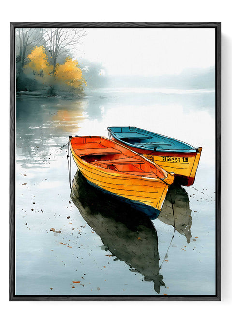 Calm lake watercolor with boats