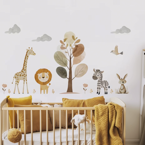 Cartoon lion giraffe zebra tree wall decals