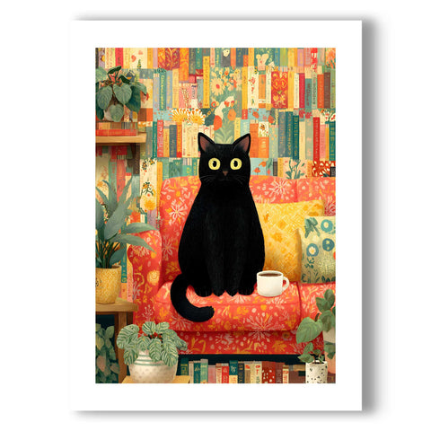 Cat on sofa plants bookshelves print