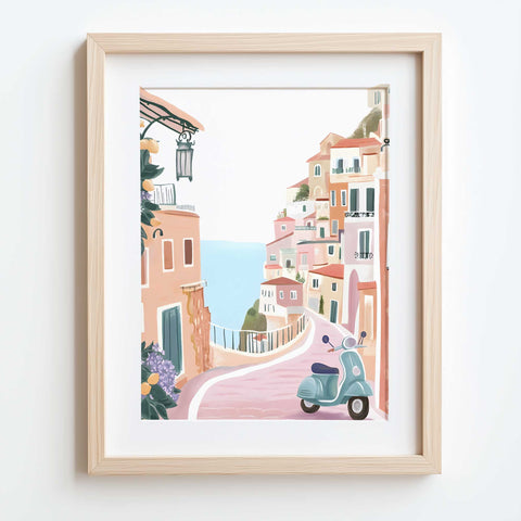 Charming Amalfi street wall art with Italian homes and lantern

