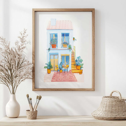 Charming French watercolor with terrace flowers and garden decor

