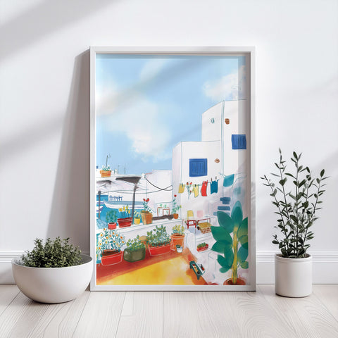 Charming Mykonos terrace scene in soft watercolor illustration

