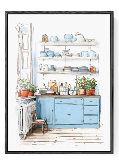 Charming blue kitchen print with herbs and dishes

