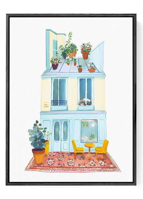 Charming rooftop café scene in soft watercolor tones

