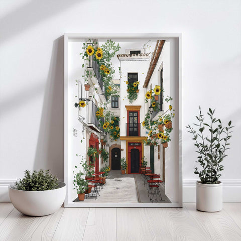 Charming sunflower street watercolor artwork

