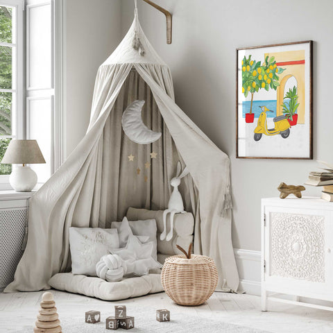 Cheerful watercolor of Mediterranean patio and yellow Vespa

