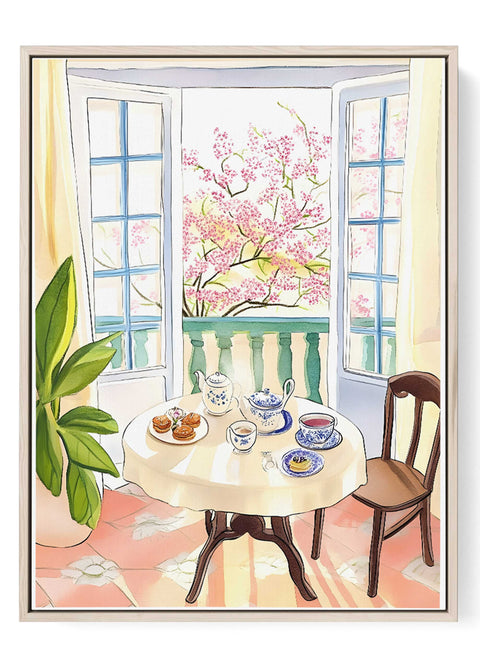Cherry blossom tea watercolor print with porcelain and pastries

