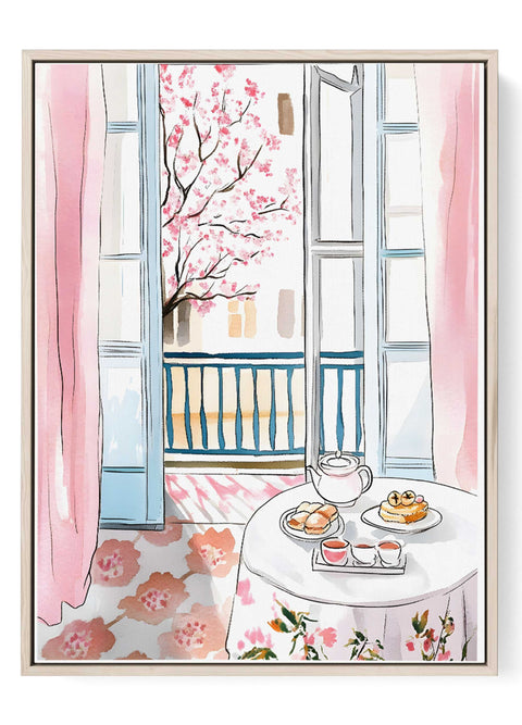 Cherry blossom watercolor print with spring tea table and pink view

