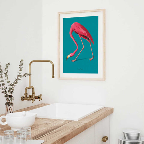 Chic and colorful bird art poster for a modern coastal home interior.