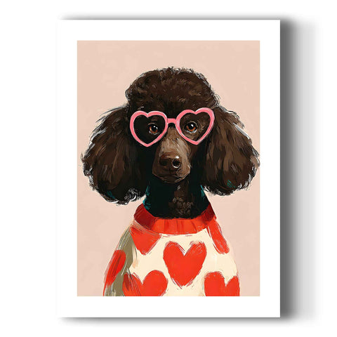 Chic poodle wearing heart sunglasses painting with soft pink background