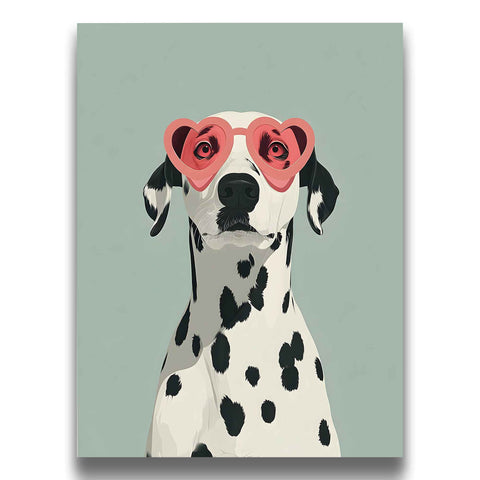 Chic spotted dog wearing pink glasses print for modern interior styling