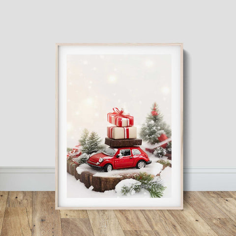 Red Car Christmas Gifts Canvas Wall Art Winter Scene