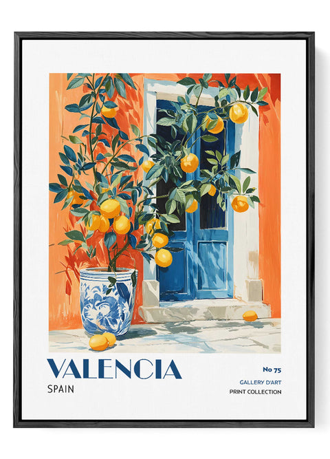 Citrus patio artwork with blue Spanish door
