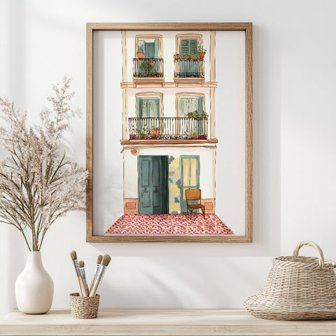 Cityscape Print – Balcony & Leopard Rug Vignette
