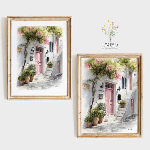 Classic Cycladic house architecture with terracotta clay pots art print