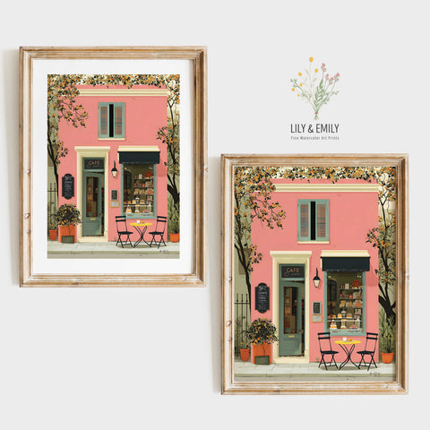 Classic French bistro chairs and tables on cobblestone sidewalk art