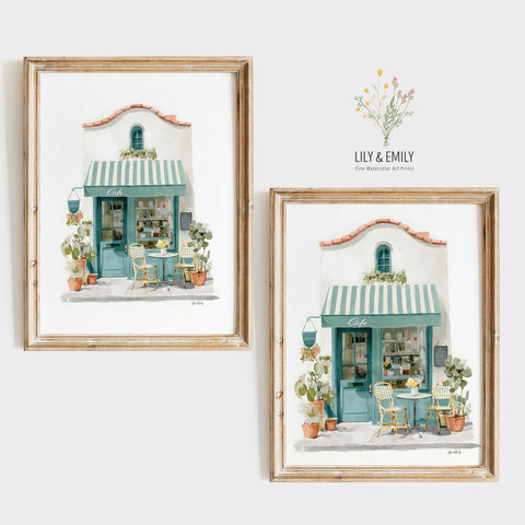 Classic French bistro chairs and table on sunny sidewalk art print