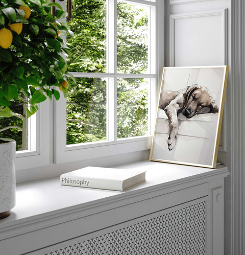 Clean scandinavian style dog illustration with warm honey tones