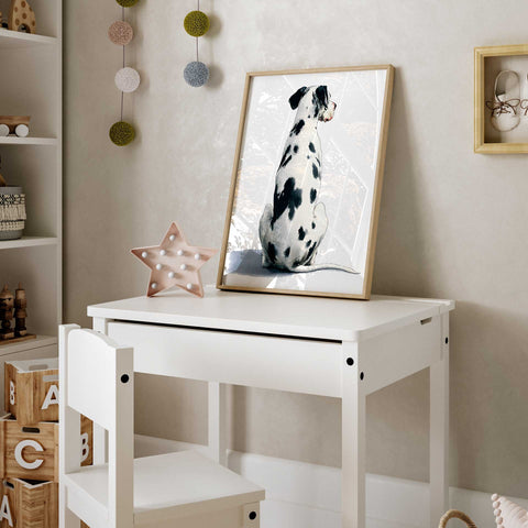 Clean scandinavian style puppy print with black ink spot textures