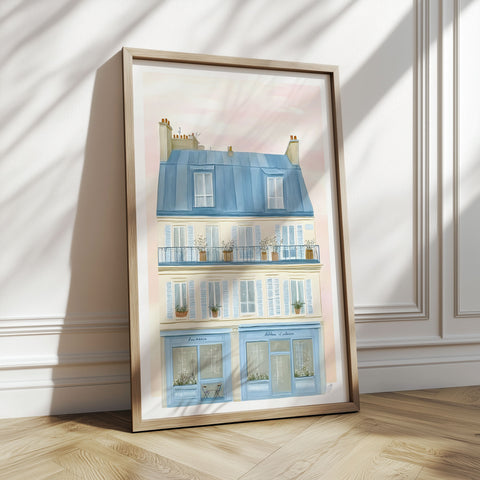 Coastal Italy watercolor print with striped chairs and green shutters

