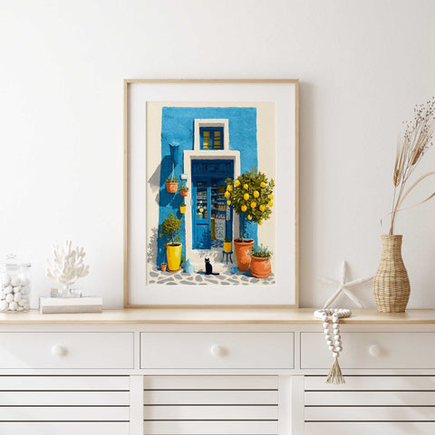 Coastal Mediterranean wall art blue house illustration