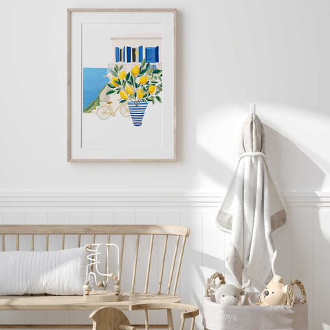 Coastal Wall Decor – White Building & Blue Shutters Poster
