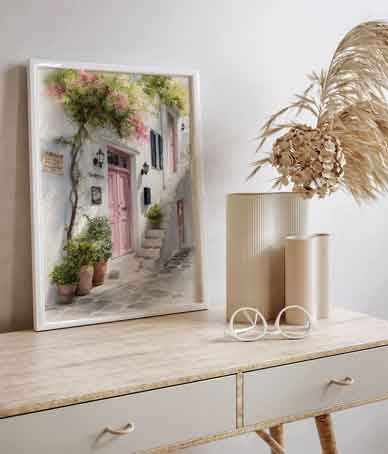 Coastal alley facade watercolor print for modern home styling