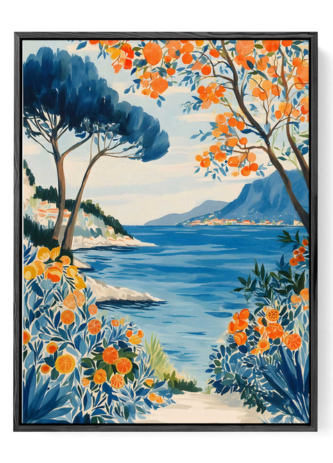 Coastal art with oranges and blue sea