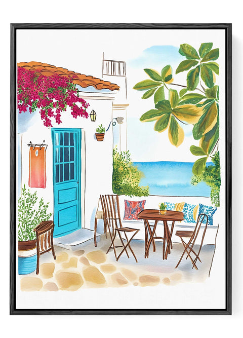 Coastal courtyard art featuring blue door and tropical plants

